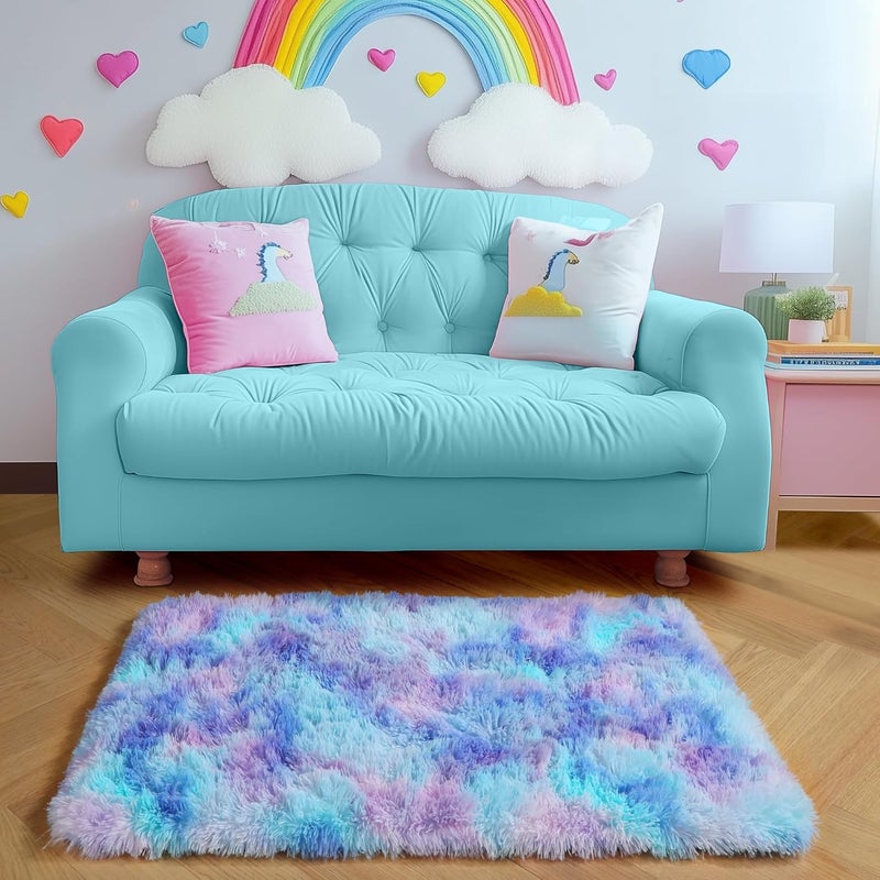 Amdrebio Purple Rainbow 2x3 Small Area Rugs for Bedroom Girls Room Decor, Colorful Mermaid Stitch Frozen Kids Rugs for Playroom Nursery Dorm, Fluffy Furry Cute Shag Kawaii Carpet for Baby Toddler - Image 4